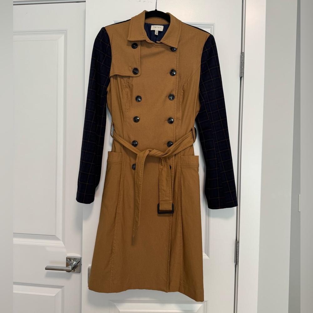 Harlyn for Anthropologie Tan and Navy Plaid Trench Coat